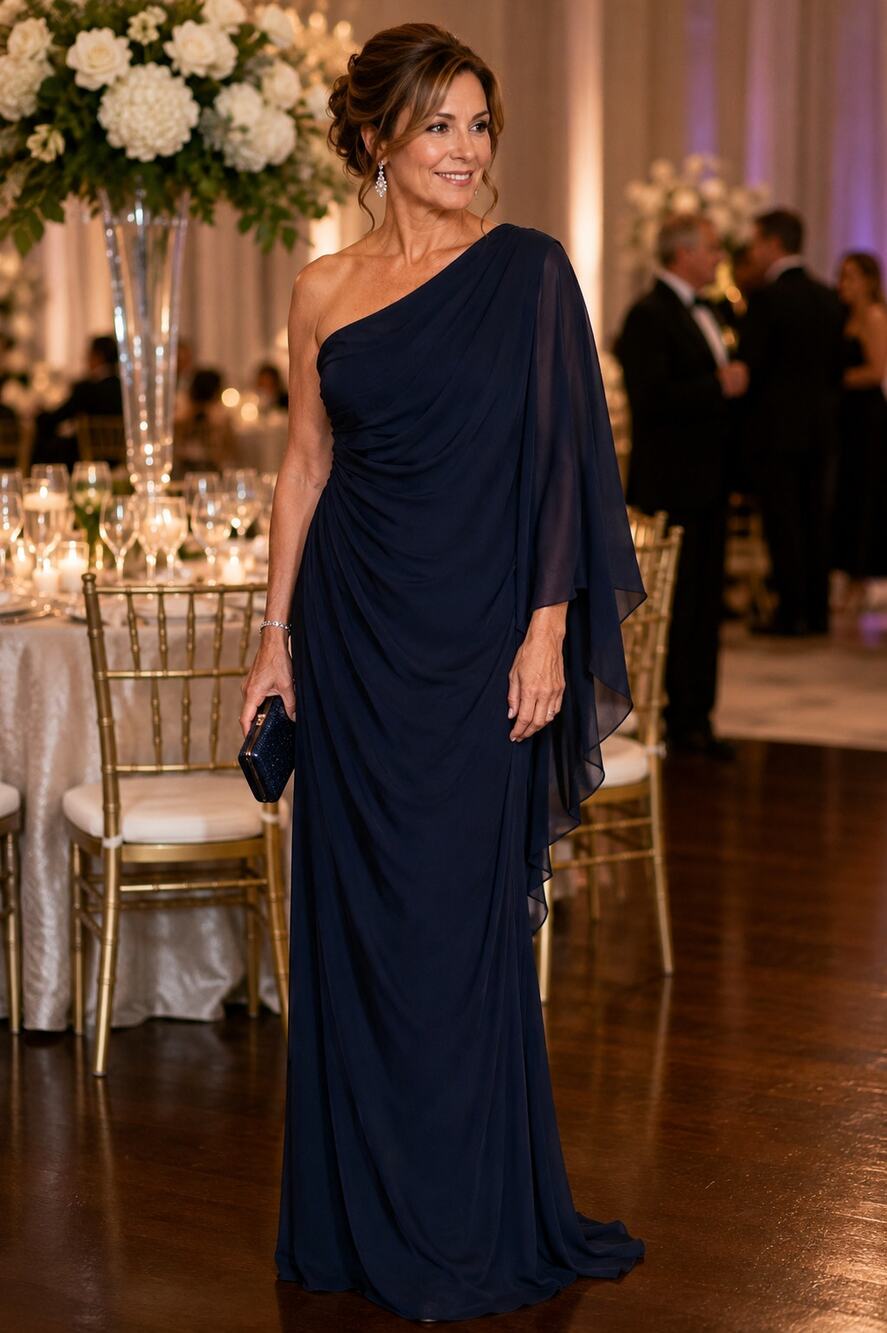 T by Tadashi Size 12 Navy One Shoulder Mother of the Bride Formal Maxi Gown